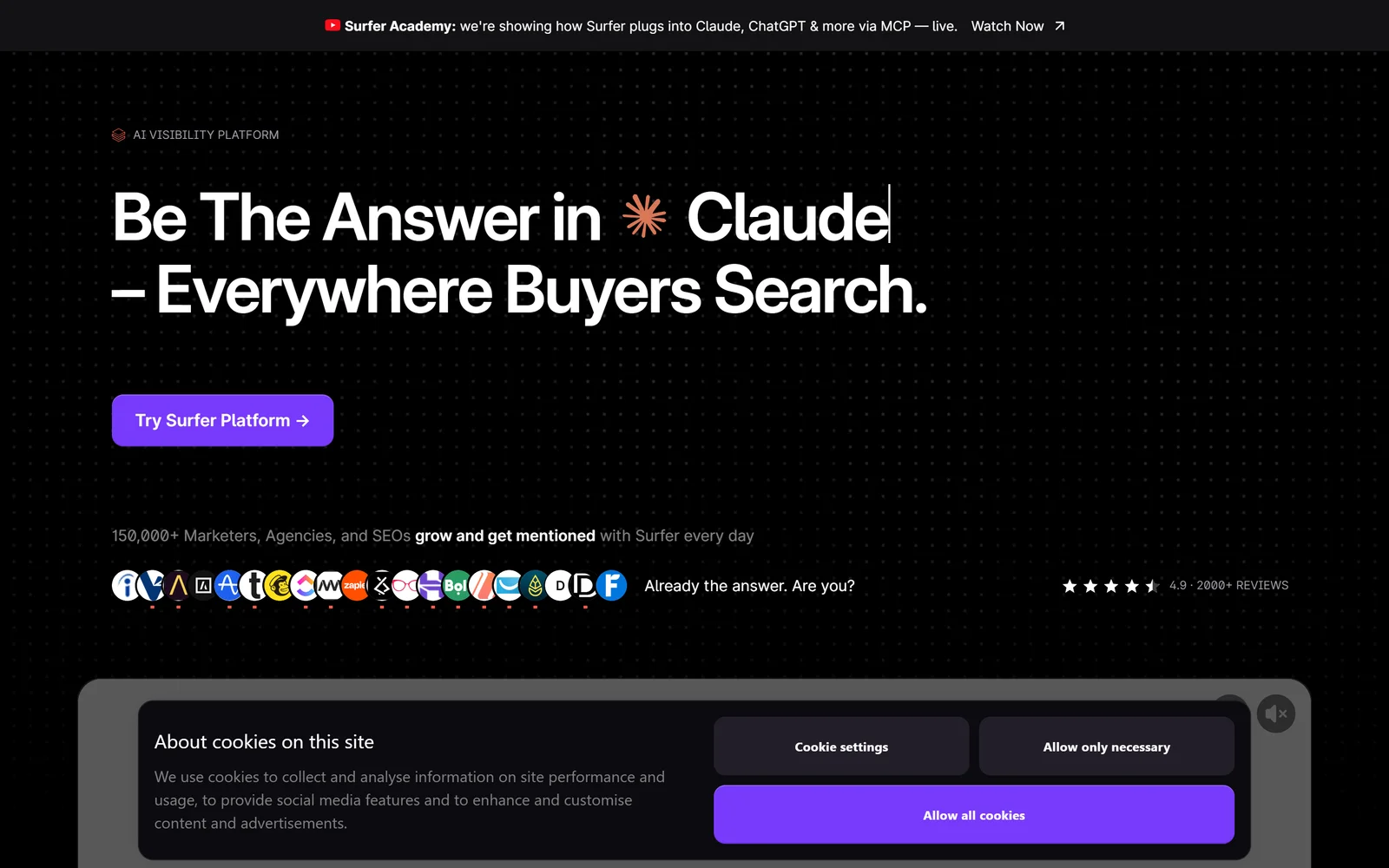 Surfer homepage showing content editor, audit and AI tracker