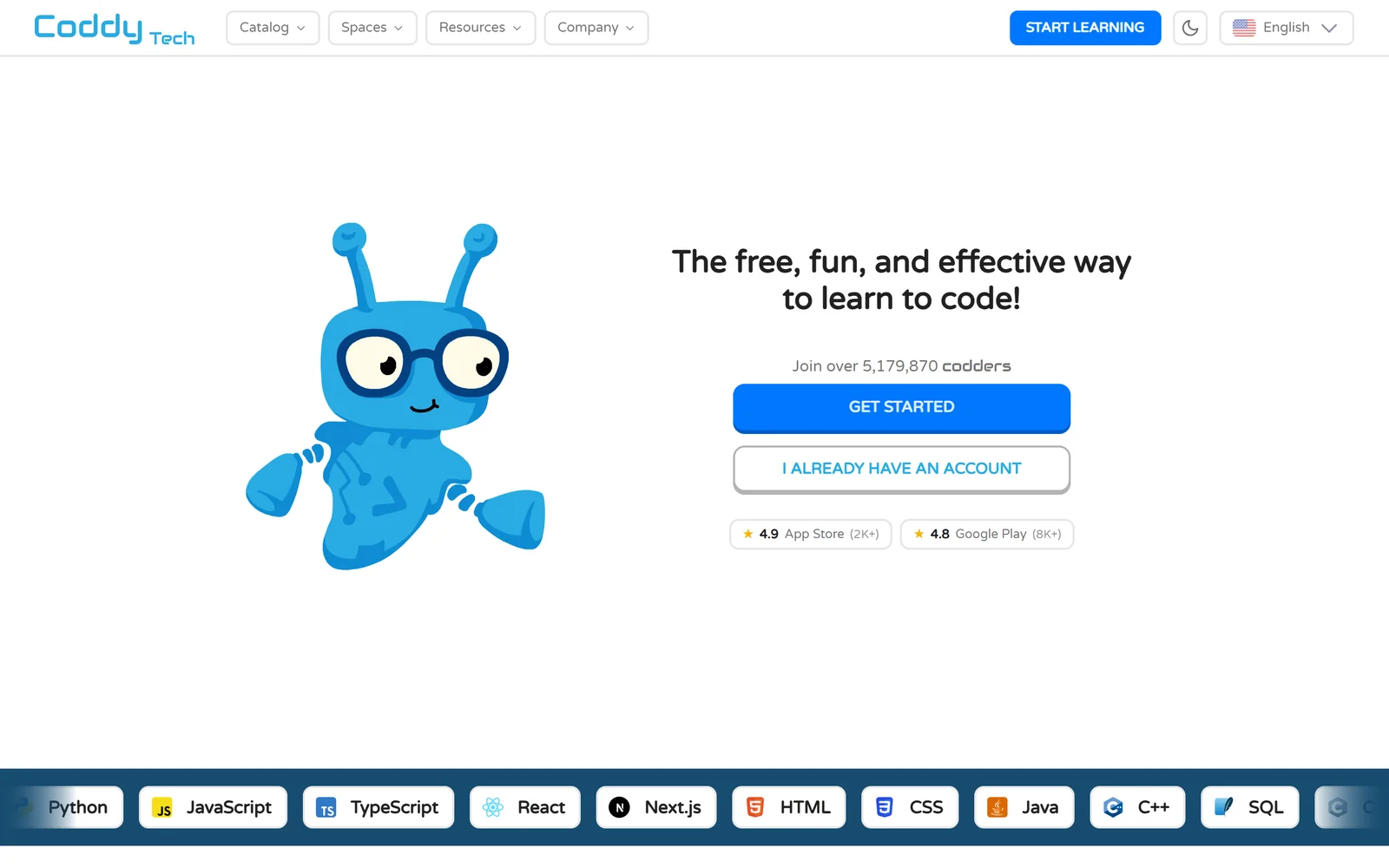 Coddy.Tech homepage, September 2026: the free, fun and effective way to learn to code, with 5,179,870 registered codders