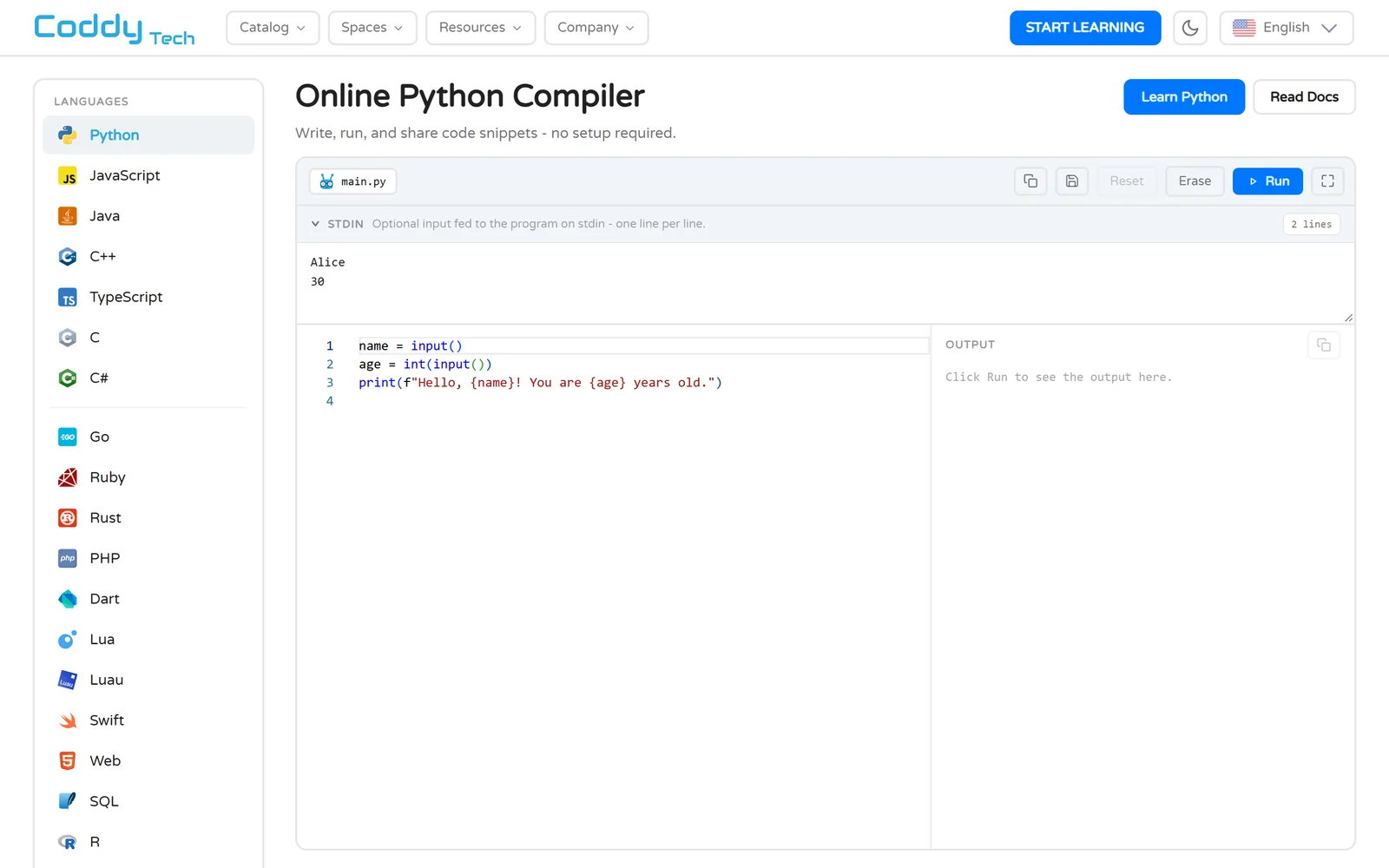 Coddy's online Python compiler: a VS Code-engine editor with stdin, output pane and a sidebar of 20+ languages