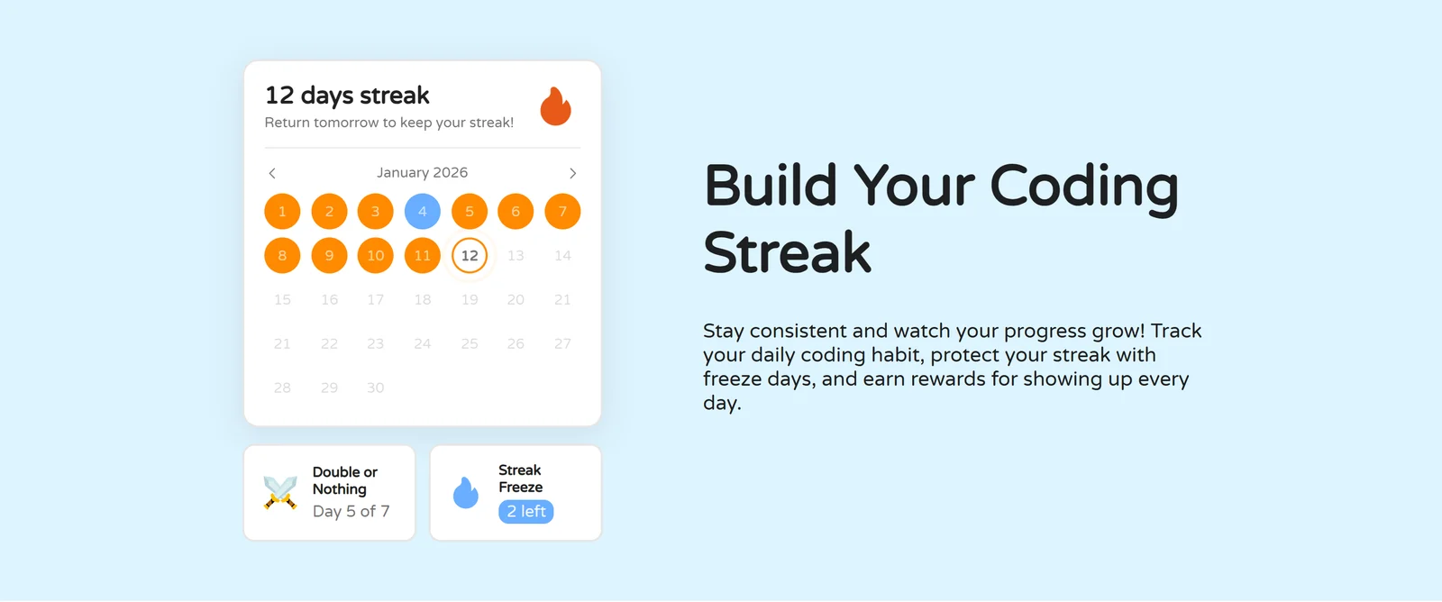 Coddy streak calendar showing a 12-day streak, Double or Nothing challenge and Streak Freeze items