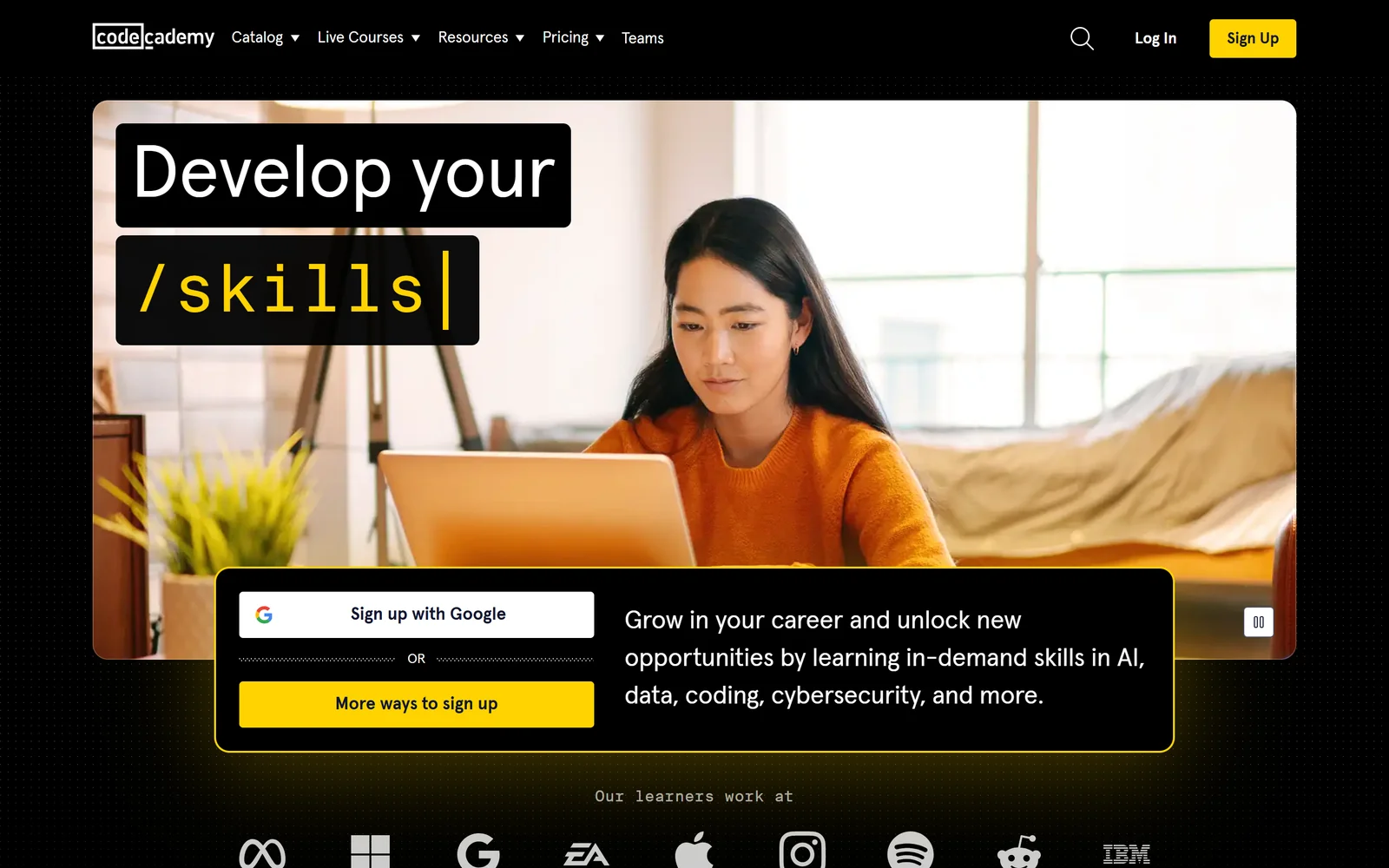 Codecademy homepage, September 2026: Develop your skills, with learners at Meta, Google, Apple and IBM