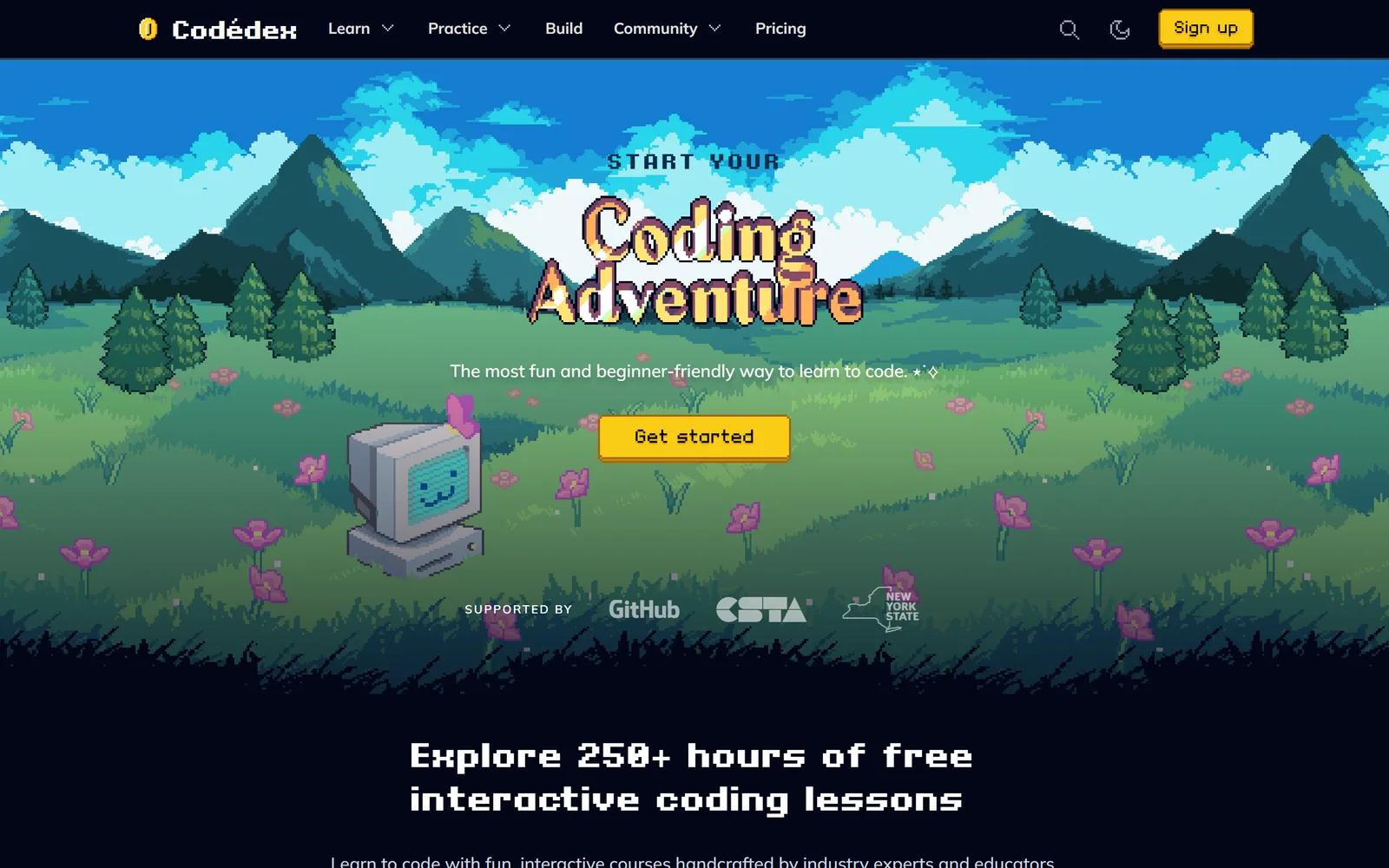 Codédex homepage, September 2026: pixel-art landscape with Start Your Coding Adventure, supported by GitHub, CSTA and New York State