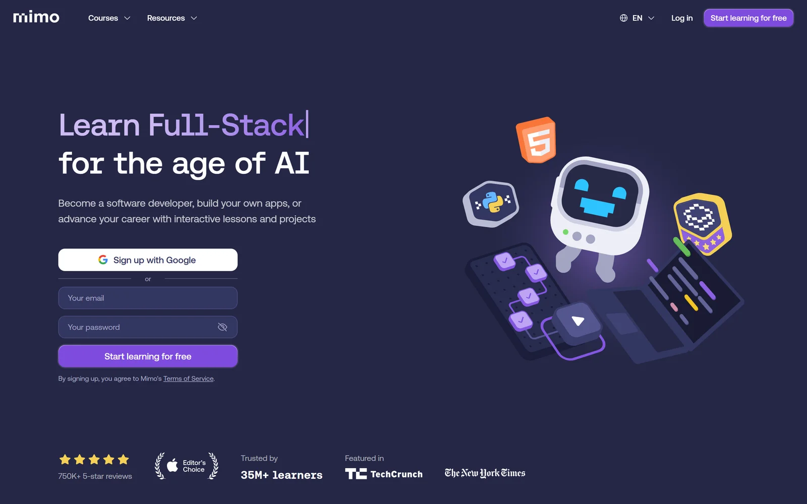 Mimo homepage, September 2026: Learn Full-Stack for the age of AI, trusted by 35M+ learners, Apple Editor's Choice