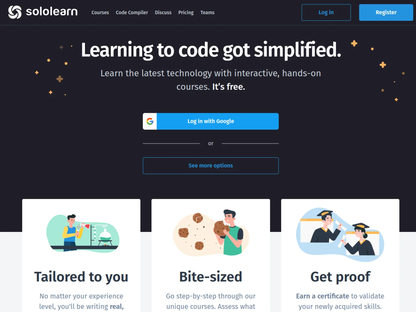 Sololearn homepage, September 2026: Learning to code got simplified — tailored to you, bite-sized, get proof