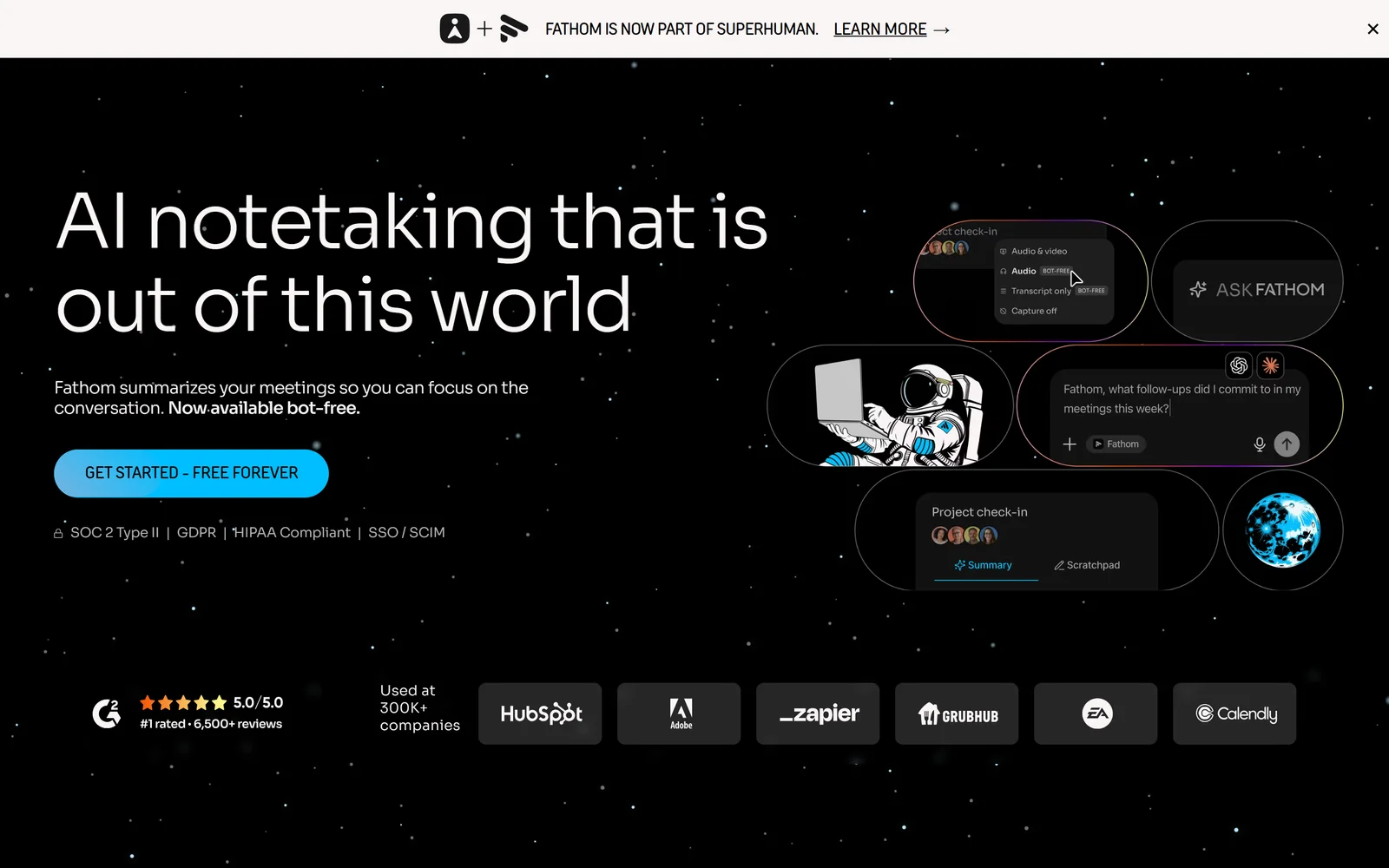 Fathom homepage, September 2026: free AI meeting notetaker with unlimited recording and transcription