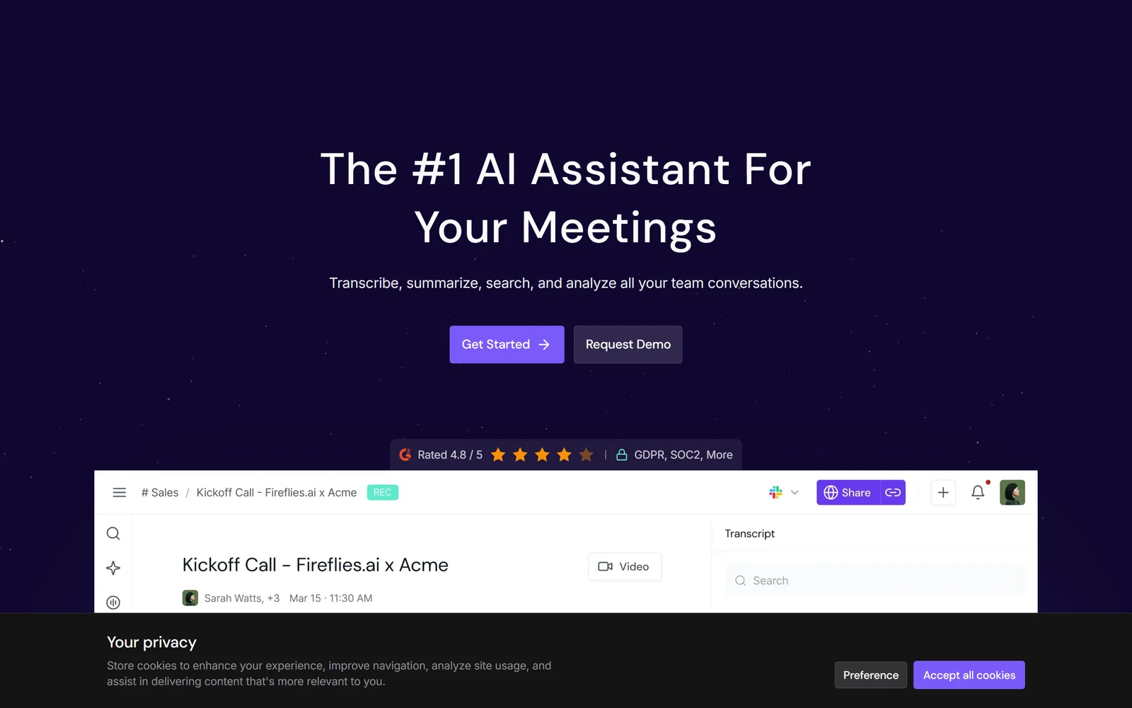 Fireflies.ai homepage showing its AI meeting assistant and integrations