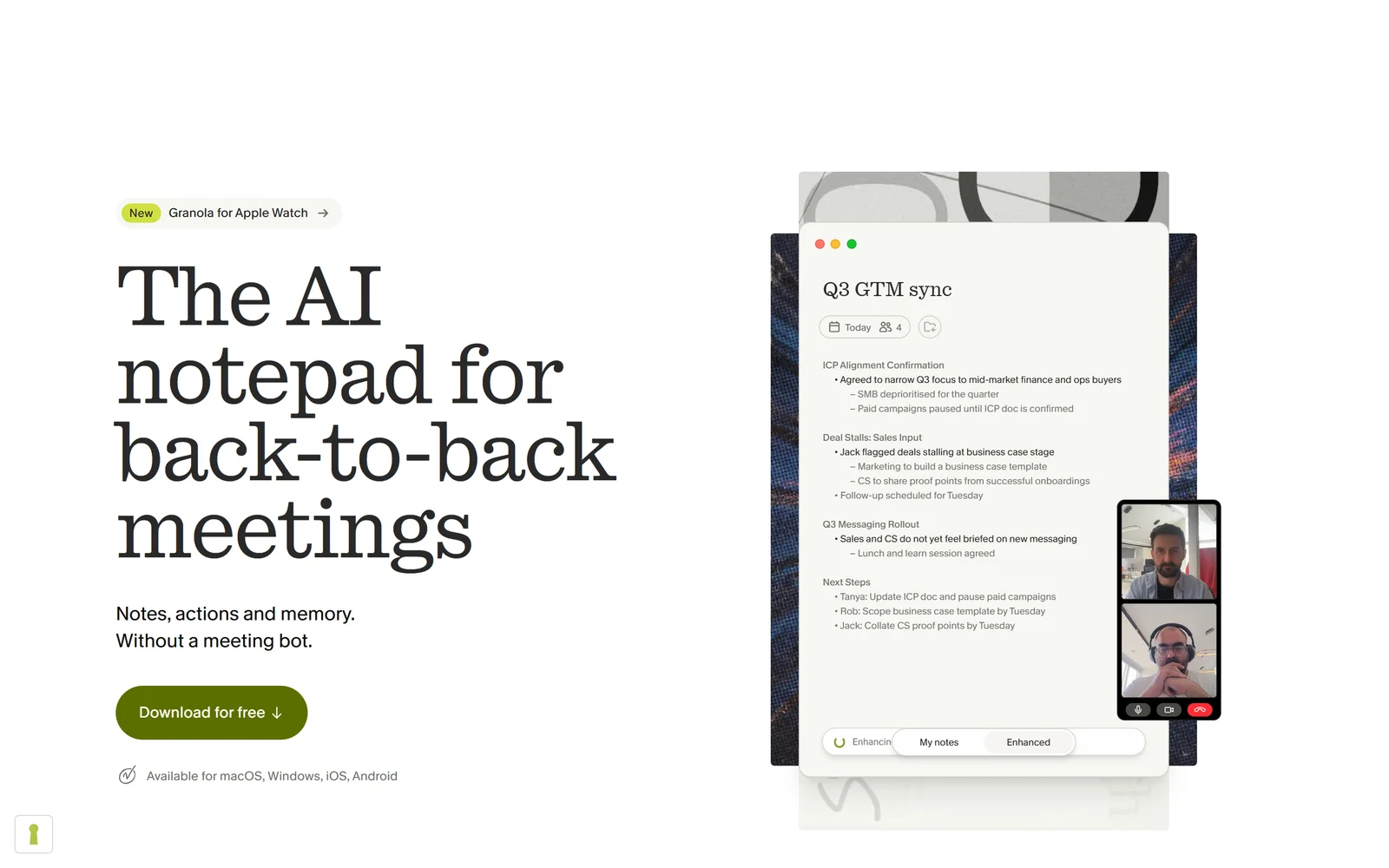 Granola homepage showing AI notes that enhance your own typing rather than joining calls as a bot