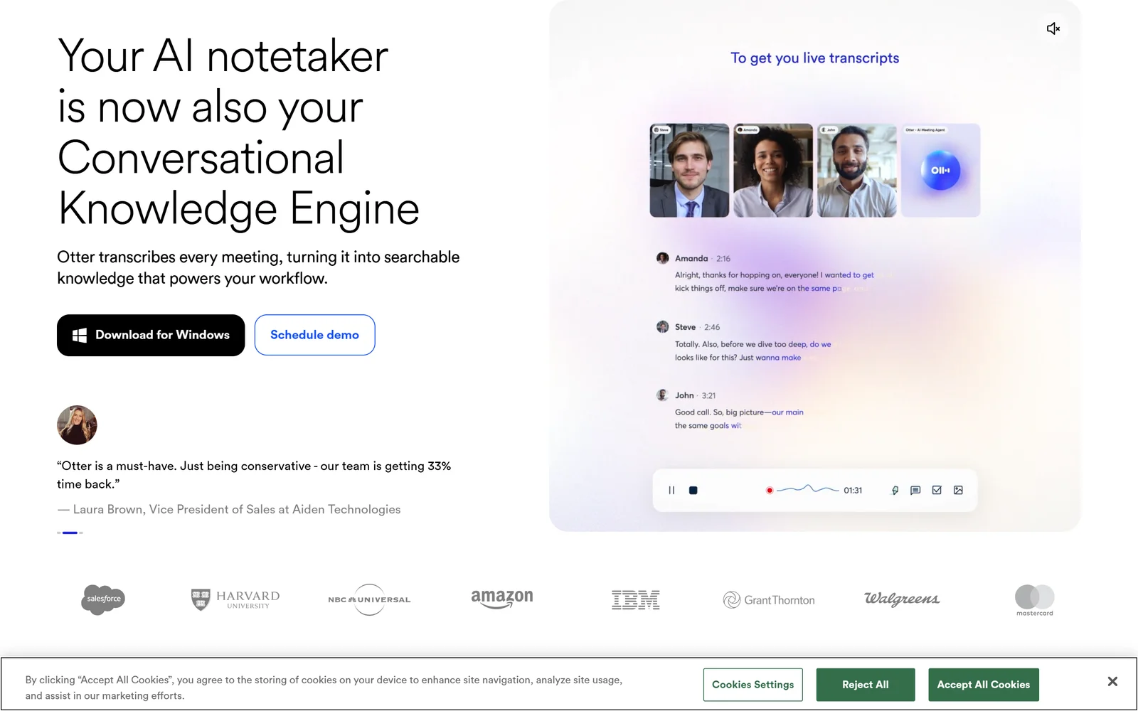Otter.ai homepage showing meeting transcription and AI meeting agent