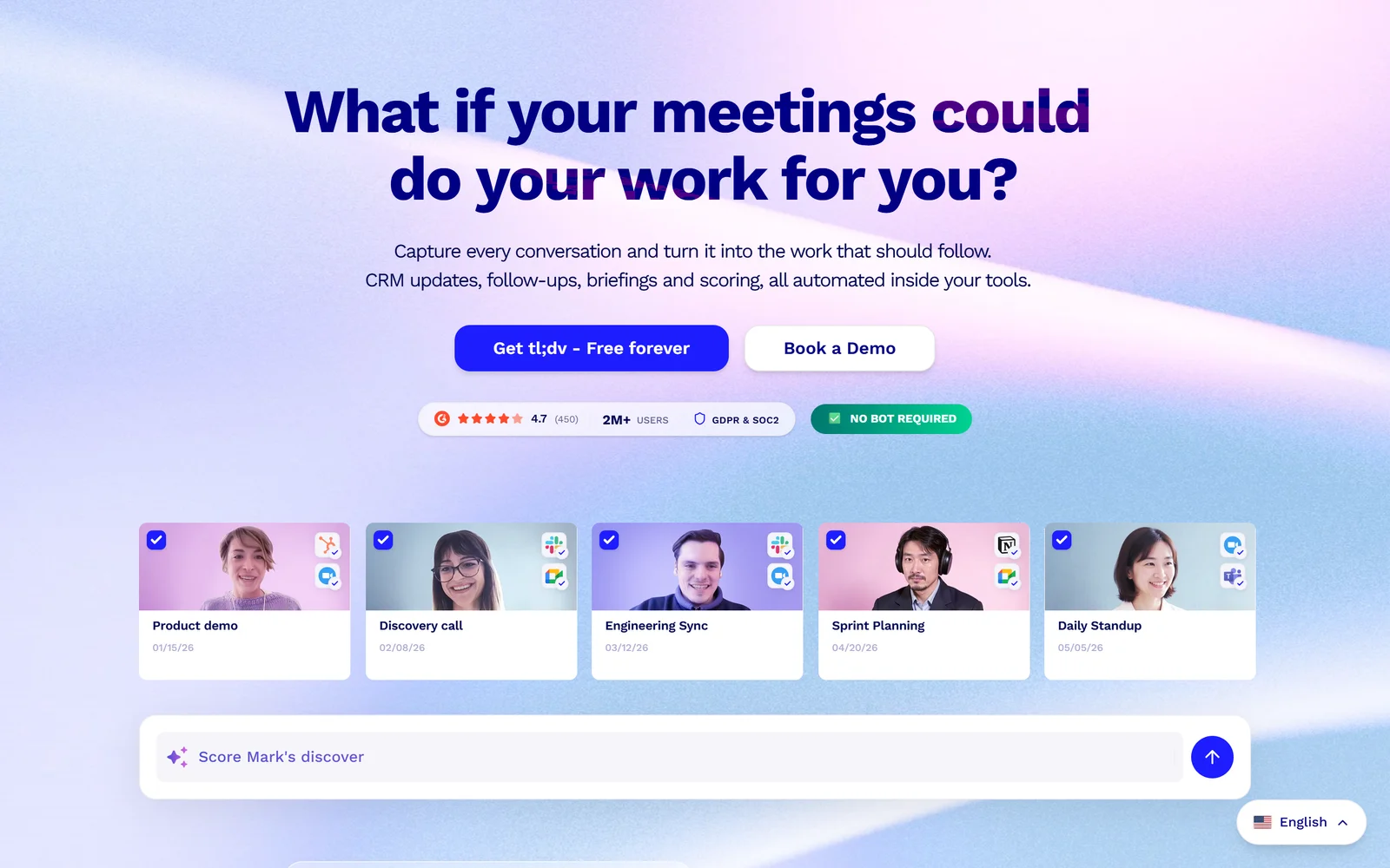 tl;dv homepage showing meeting recording, transcription and CRM integrations