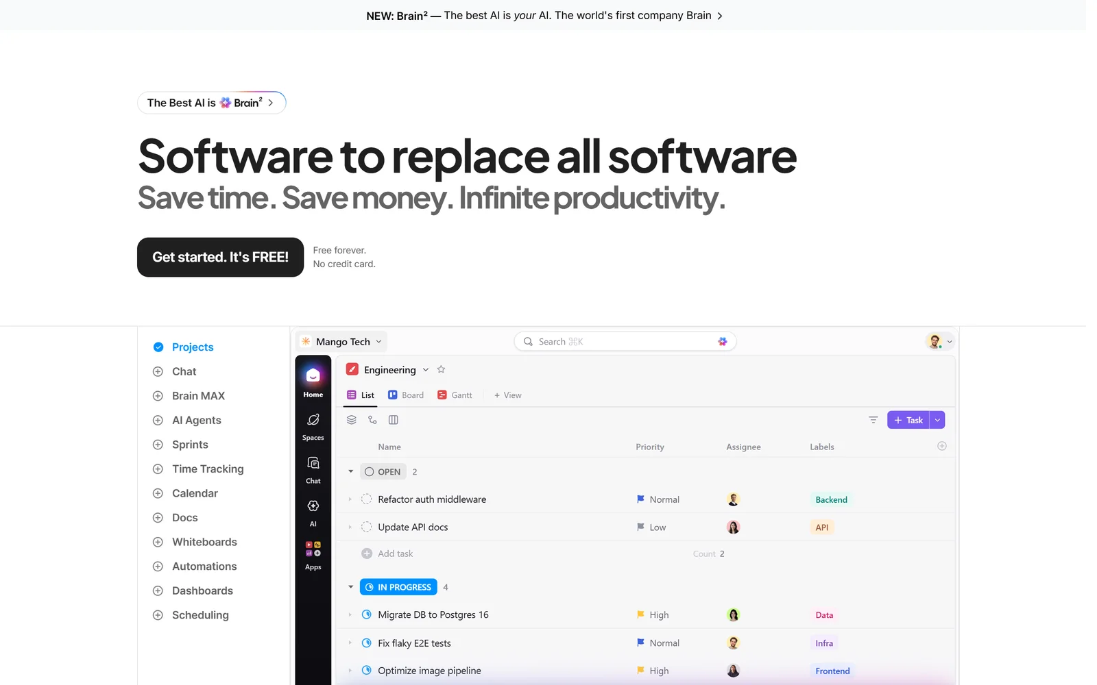 ClickUp homepage showing tasks, docs, dashboards and AI features in one workspace