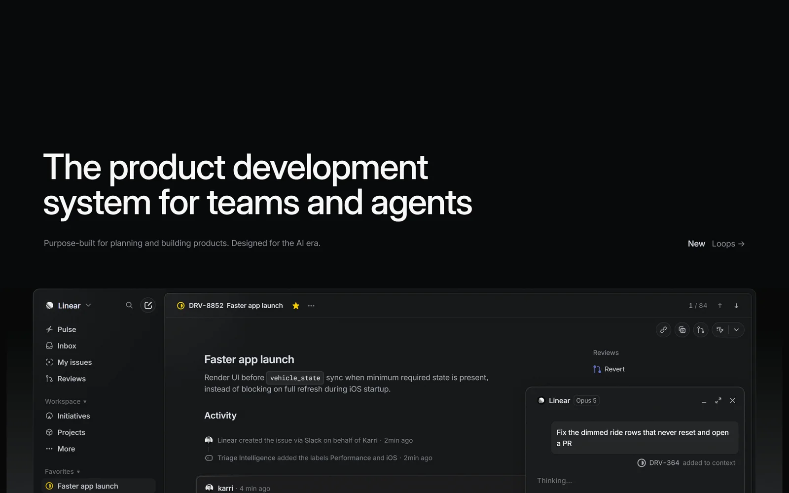 Linear homepage, September 2026: issue tracking and project planning for software teams