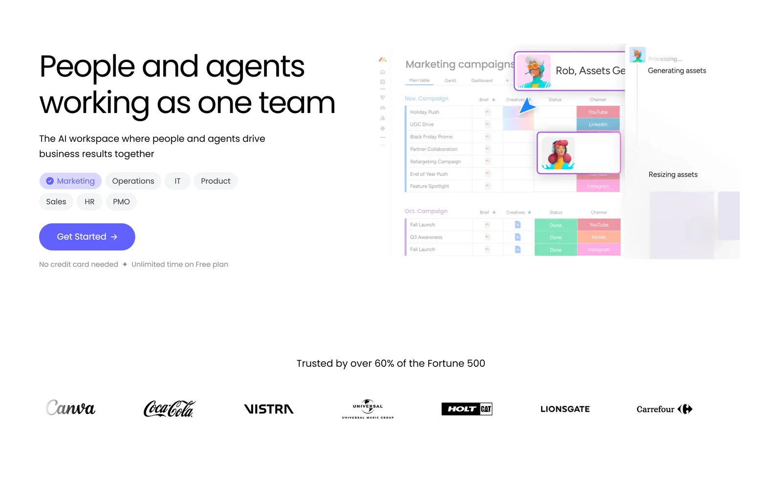 monday.com homepage showing configurable boards for work management