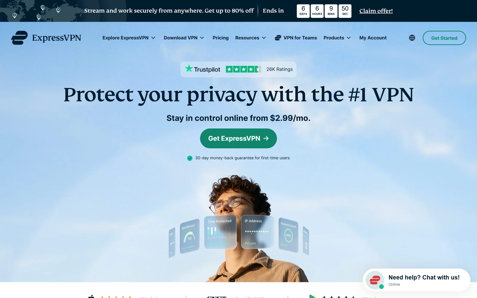 ExpressVPN homepage showing privacy protection and server network