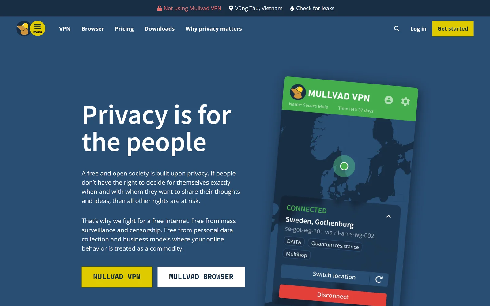 Mullvad VPN homepage, September 2026: flat monthly pricing with anonymous account numbers
