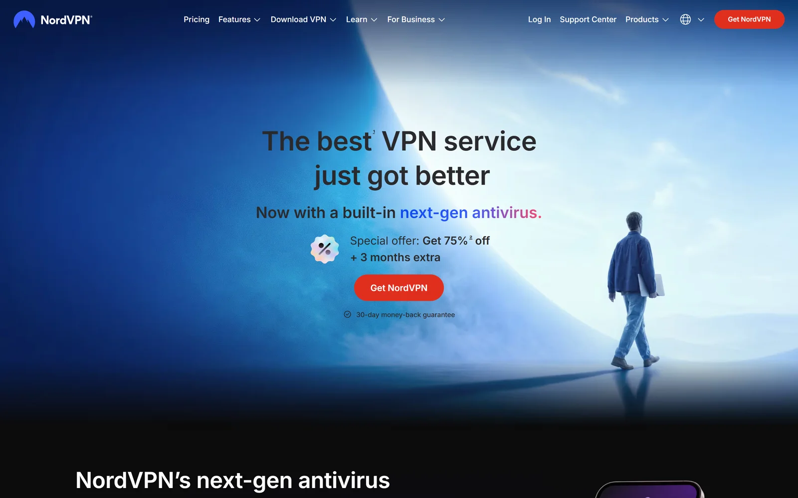 NordVPN homepage showing VPN service with built-in antivirus