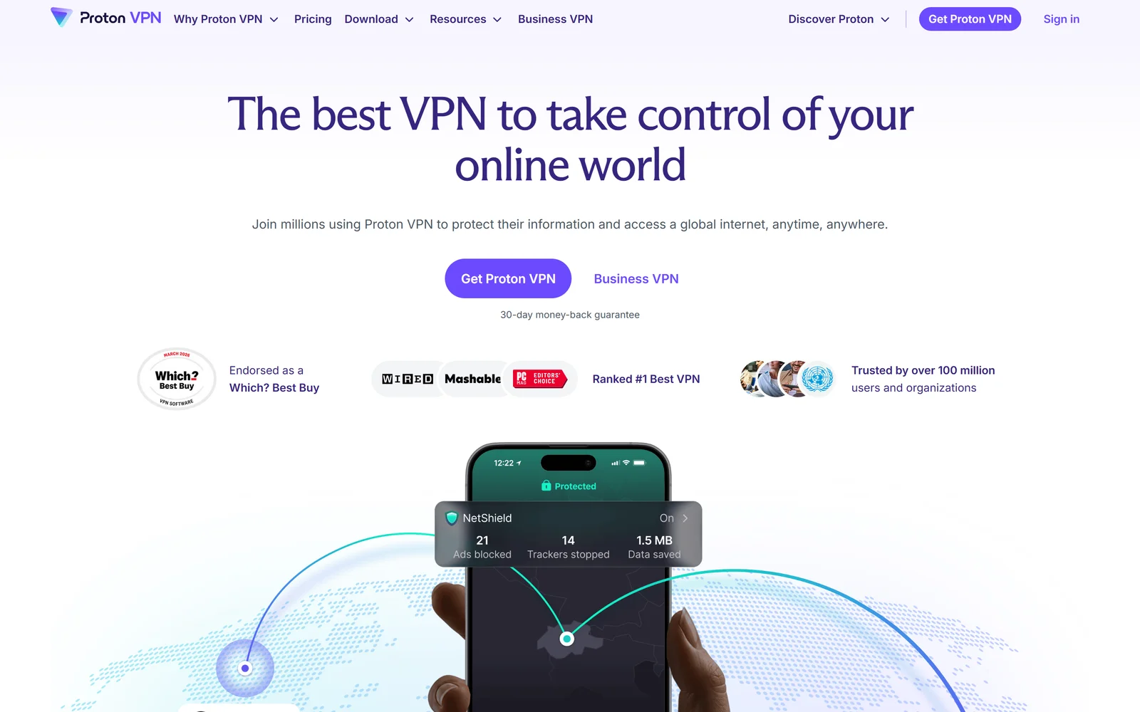 Proton VPN homepage showing Swiss privacy and free tier