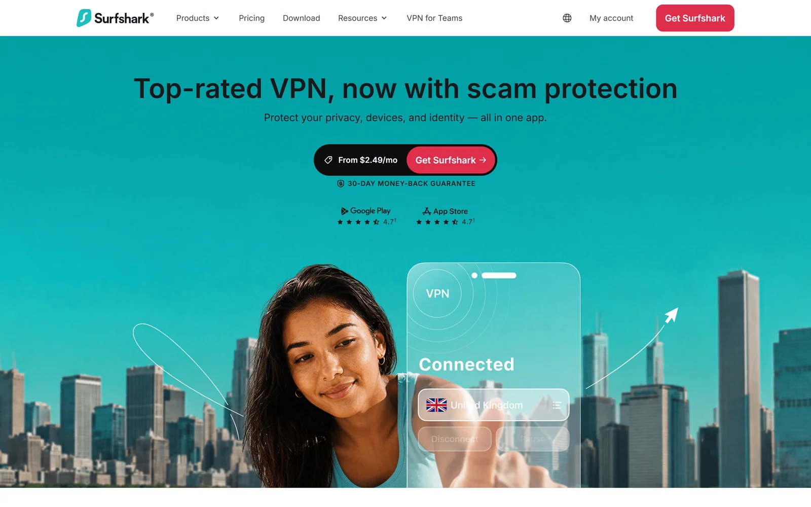 Surfshark homepage showing unlimited device VPN service