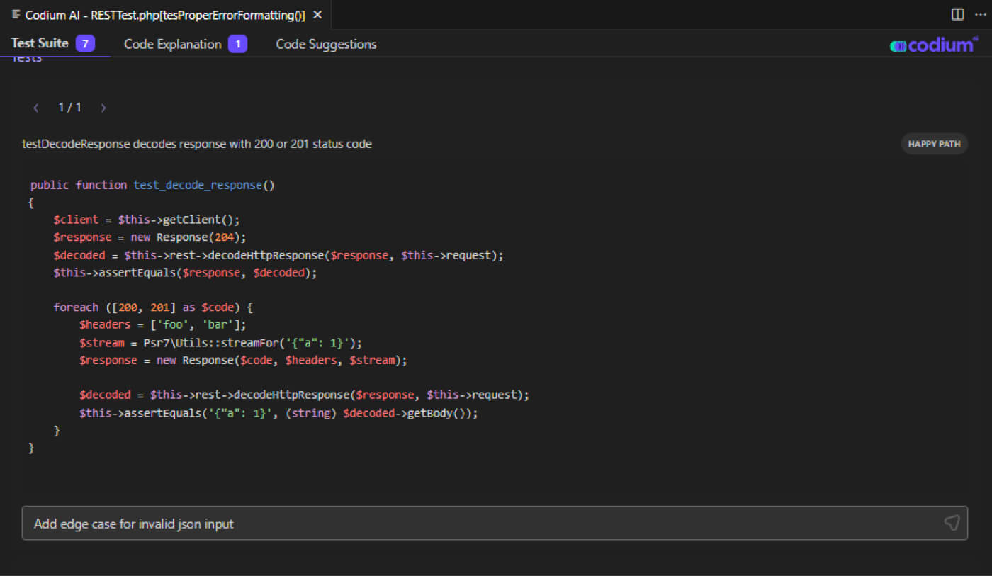 Qodo.ai interface for generating unit tests and analyzing codebase quality in VS Code editor