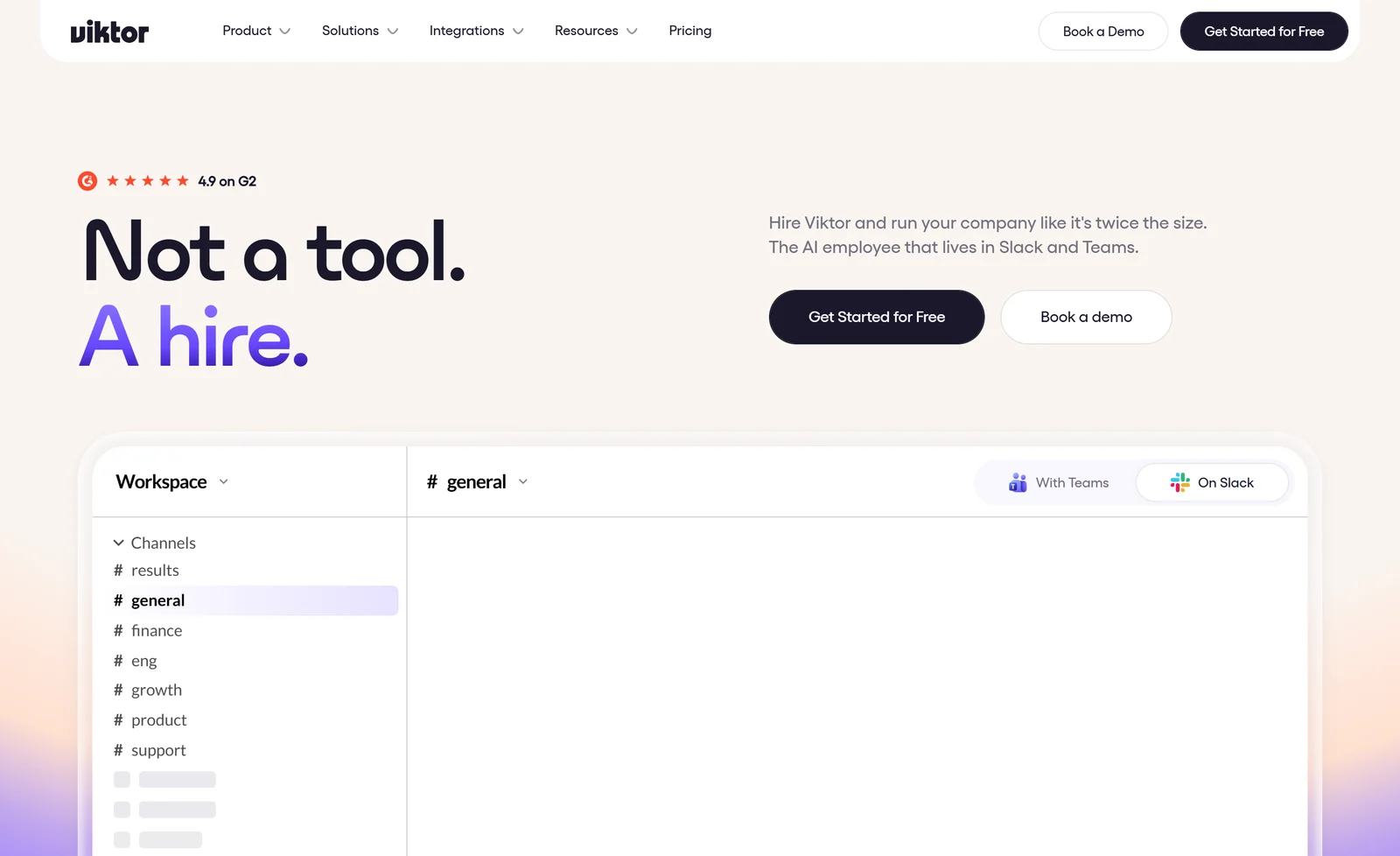 Viktor homepage hero showing the headline Not a tool. A hire. above a Slack workspace running Viktor