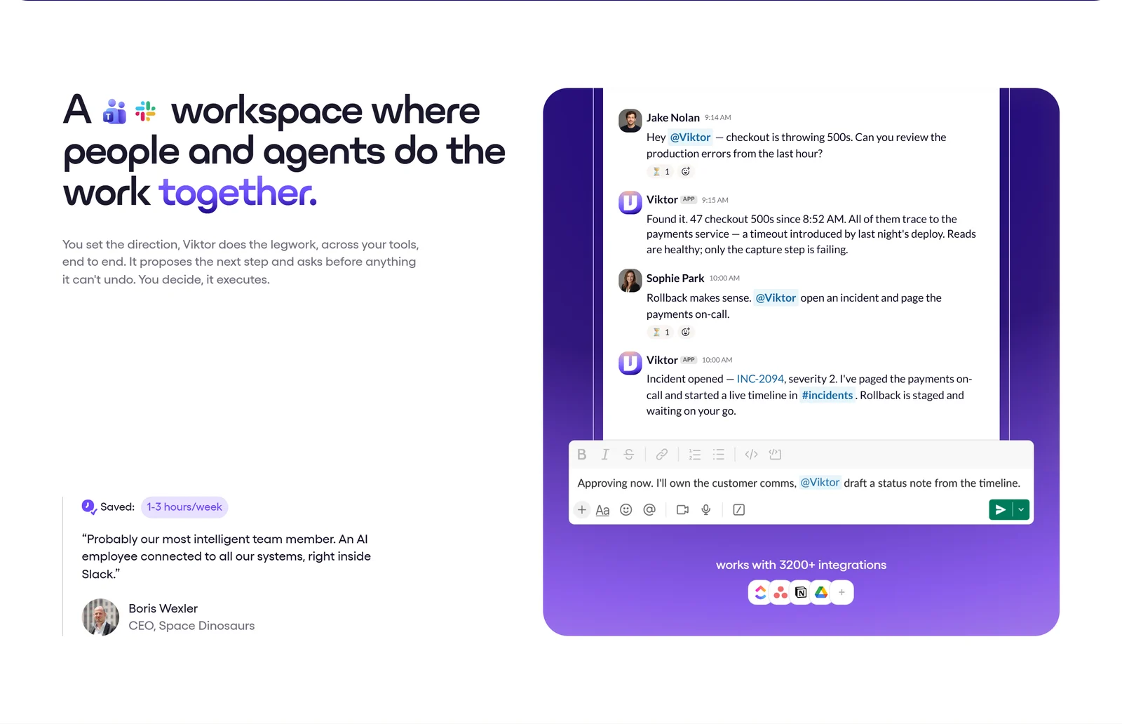 Slack thread where a developer mentions @Viktor about checkout errors and Viktor investigates, opens an incident and stages a rollback