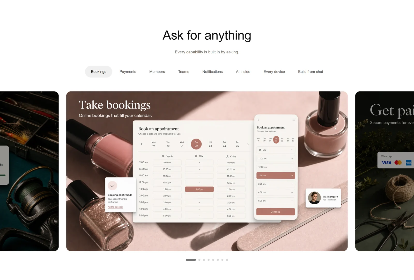Whacka capability tabs showing Bookings, Payments, Members, Teams, Notifications, AI inside, Every device and Build from chat, with a booking interface example
