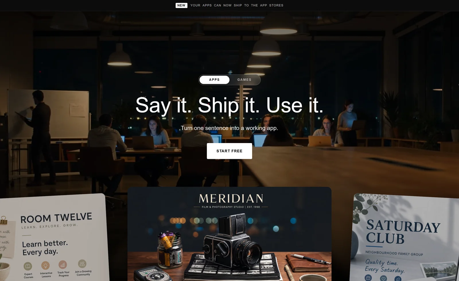 Whacka homepage showing the headline Say it. Ship it. Use it. above example apps built on the platform