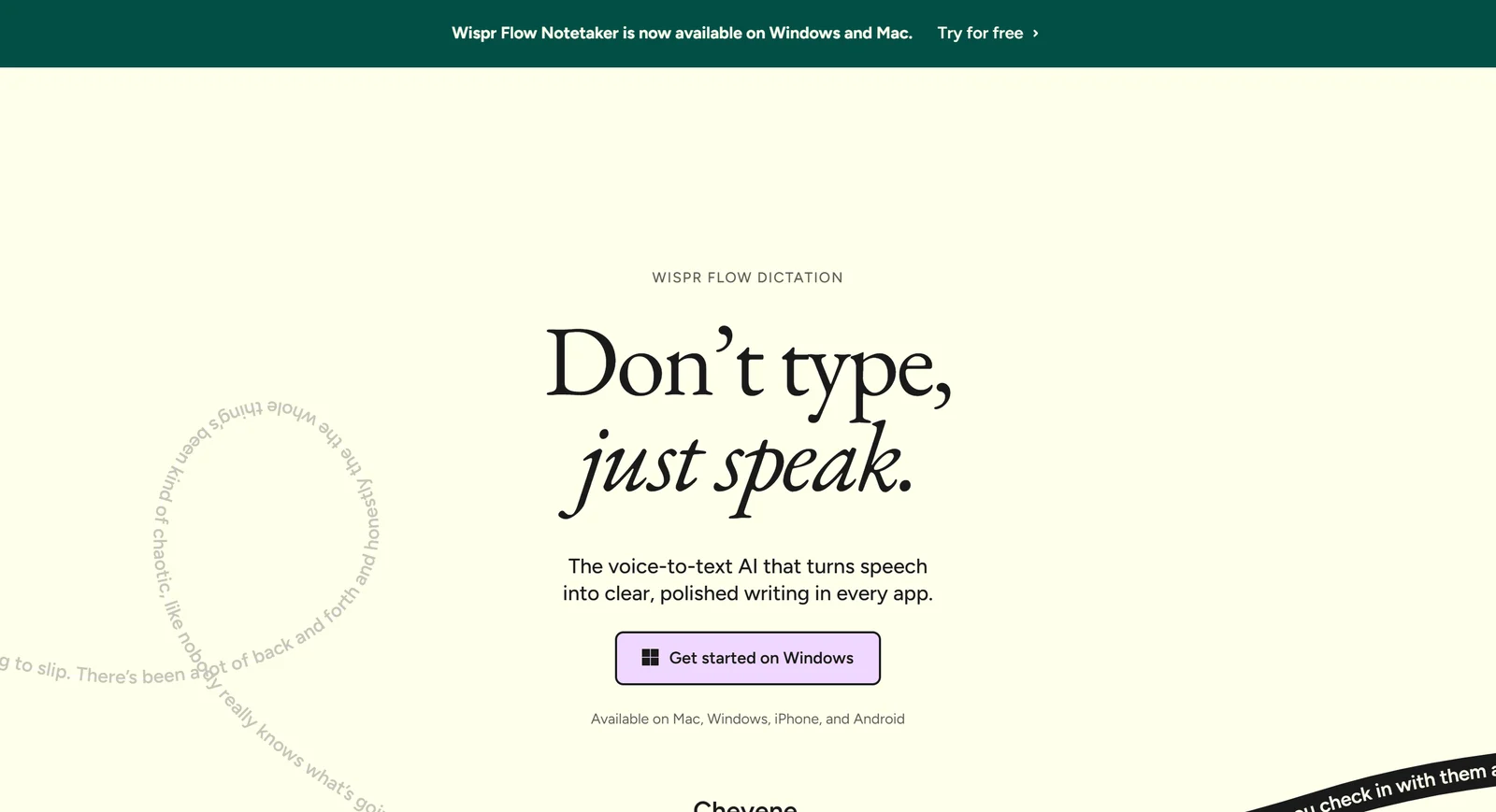 Wispr Flow homepage, October 2026: Don't type, just speak — the voice-to-text AI that turns speech into clear, polished writing in every app