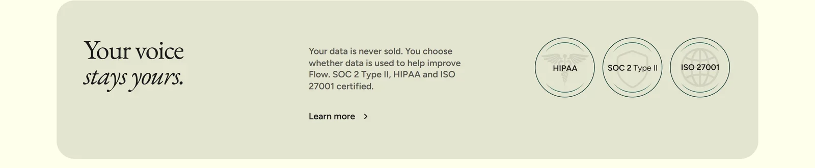 Wispr Flow privacy statement: Your voice stays yours, your data is never sold, with HIPAA, SOC 2 Type II and ISO 27001 badges